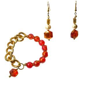Set of 2 Womens Jewelry Bracelet Earrings Glass Beaded Pearl Chain Gold